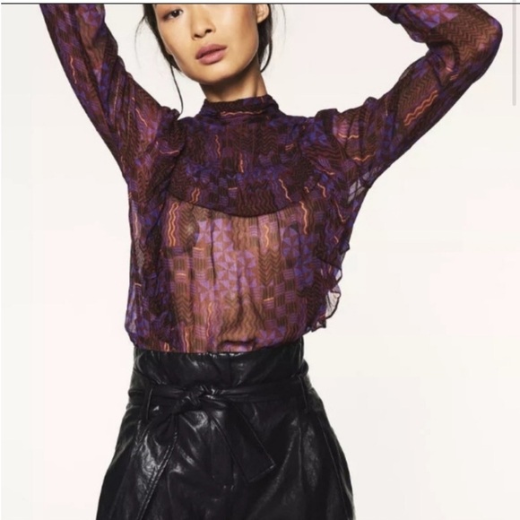 ba&sh / Mia Sheer Ruffled geometric purple silk Top M - Picture 7 of 10